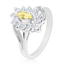 Prsten s rozdvojenými rameny, světle žluté zrnko, lem čiré barvy