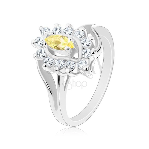 Prsten s rozdvojenými rameny, světle žluté zrnko, lem čiré barvy