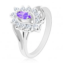 Lesklý prsten ve stříbrné barvě, fialové zirkonové zrnko, kruhové zirkonky