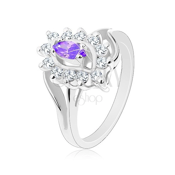 Lesklý prsten ve stříbrné barvě, fialové zirkonové zrnko, kruhové zirkonky
