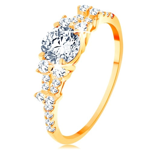 Zlatý prsten 585 - rozdělená zirkonová ramena, velký kulatý zirkon čiré barvy - Velikost: 49