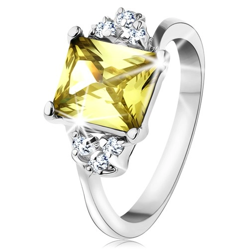 Prsten ve stříbrném odstínu, obdélníkový zirkon ve žlutozelené barvě - Velikost: 57