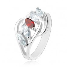 Prsten s rozdělenými rameny, lesklé obloučky, pás zrnek čiré a červené barvy