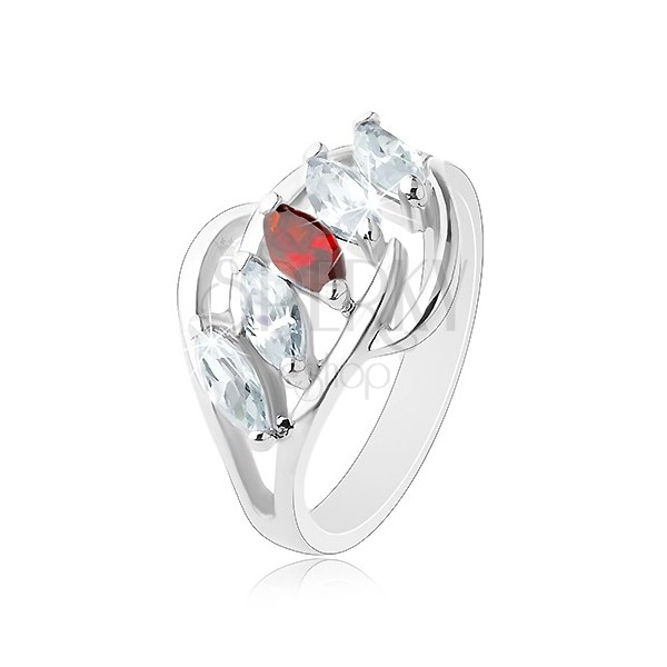 Prsten s rozdělenými rameny, lesklé obloučky, pás zrnek čiré a červené barvy
