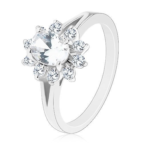Levně Lesklý prsten ve stříbrném odstínu, zirkonový oválný kvítek čiré barvy - Velikost: 51