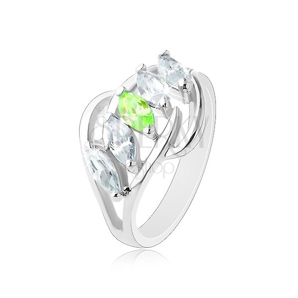 Prsten s rozdělenými rameny, lesklé obloučky, pás zrnek čiré a zelené barvy