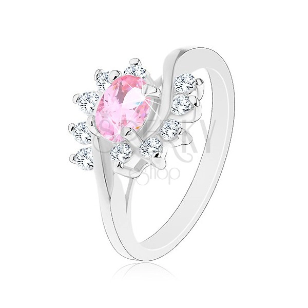 Prsten ve stříbrném odstínu, růžový zirkonový ovál, čiré oblouky