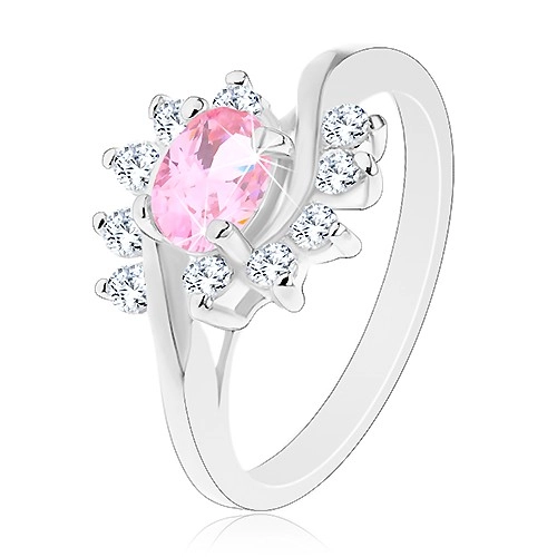 Prsten ve stříbrném odstínu, růžový zirkonový ovál, čiré oblouky - Velikost: 55