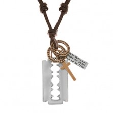 Nastavitelný kožený náhrdelník, přívěsky - žiletka, kříž, známka a kroužky