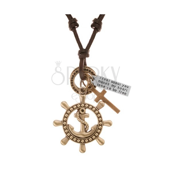 Kožený náhrdelník hnědé barvy, přívěsky - kormidlo s kotvou, kříž, známka