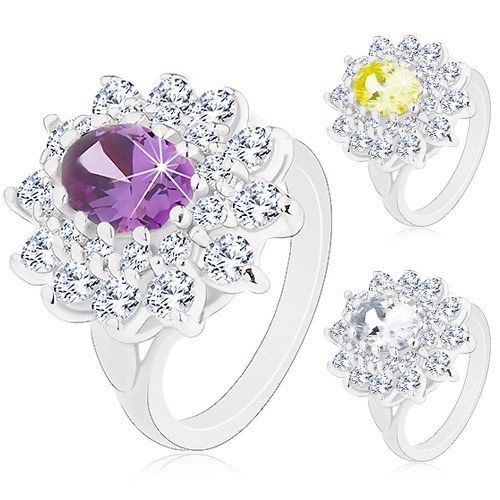 Prsten ve stříbrné barvě, velký zářivý květ ze zirkonů, lístečky - Velikost: 50, Barva: Žlutá