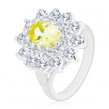 Prsten ve stříbrné barvě, velký zářivý květ ze zirkonů, lístečky