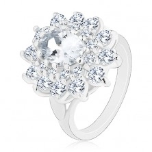 Prsten ve stříbrné barvě, velký zářivý květ ze zirkonů, lístečky