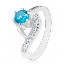 Prsten stříbrné barvy, zvlněné konce ramen, kulatý barevný zirkon