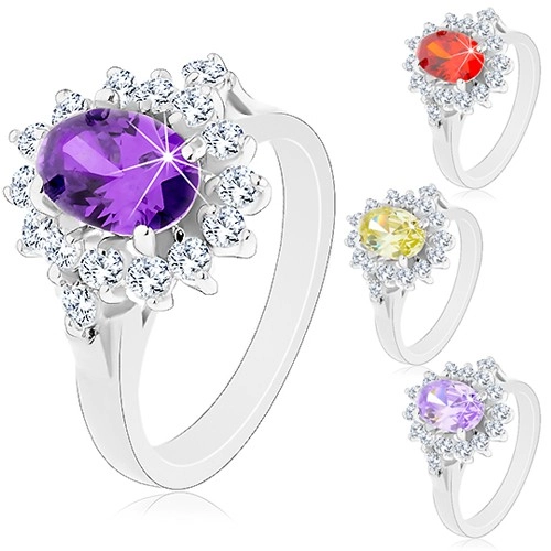 Blýskavý prsten ve stříbrné barvě, velký oválný květ ze zirkonů - Velikost: 54, Barva: Fialová tmavá