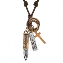 Kožený náhrdelník hnědé barvy, přívěsky - nábojnice, kříž, známka a kroužky
