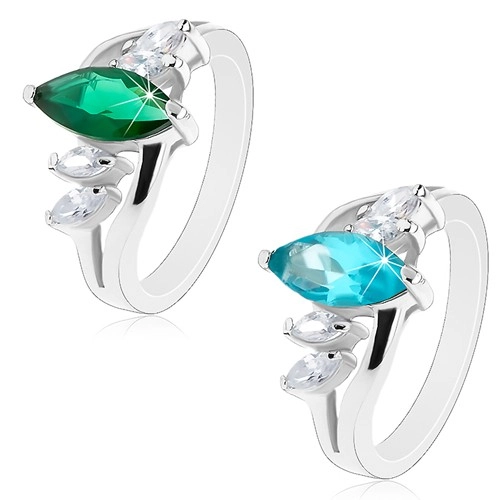 Prsten stříbrné barvy, zvlněná ramena, blýskavá zirkonová zrnka - Velikost: 51, Barva: Smaragdová zelená