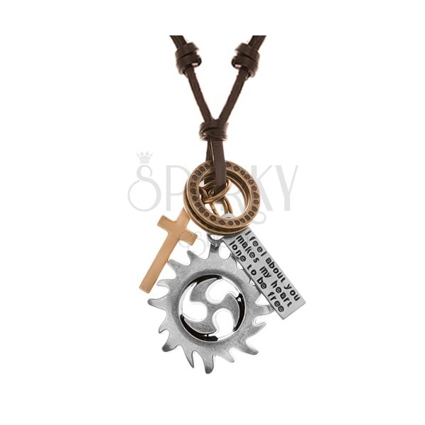 Nastavitelný kožený náhrdelník, přívěsky - kruh tribal, kruhy, kříž a známka