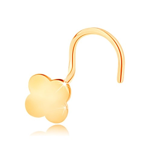 Zahnutý piercing do nosu ve žlutém 14K zlatě - malý čtyřlístek pro štěstí