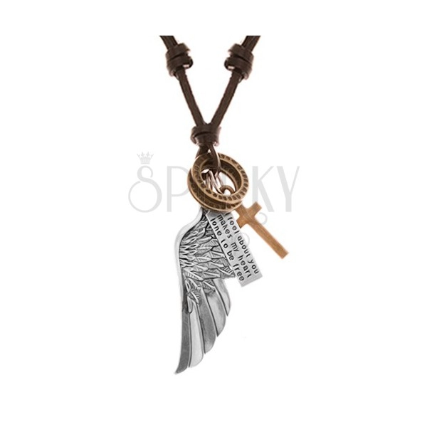 Nastavitelný kožený náhrdelník, přívěsky - andělské křídlo, kruhy, kříž a známka