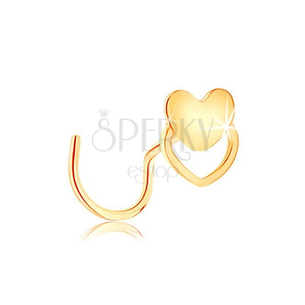 Zahnutý piercing do nosu ze žlutého 14K zlata - srdíčko a obrys srdce