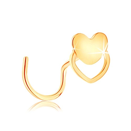 Zahnutý piercing do nosu ze žlutého 14K zlata - srdíčko a obrys srdce