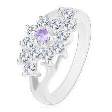 Prsten s lesklými rozdělenými rameny, čirý kvítek s fialovým středem