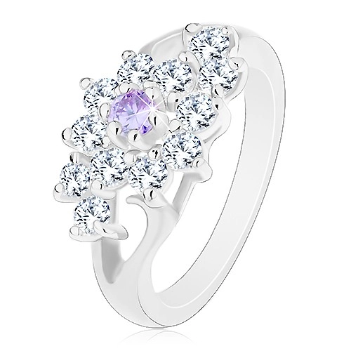 Prsten s lesklými rozdělenými rameny, čirý kvítek s fialovým středem - Velikost: 49