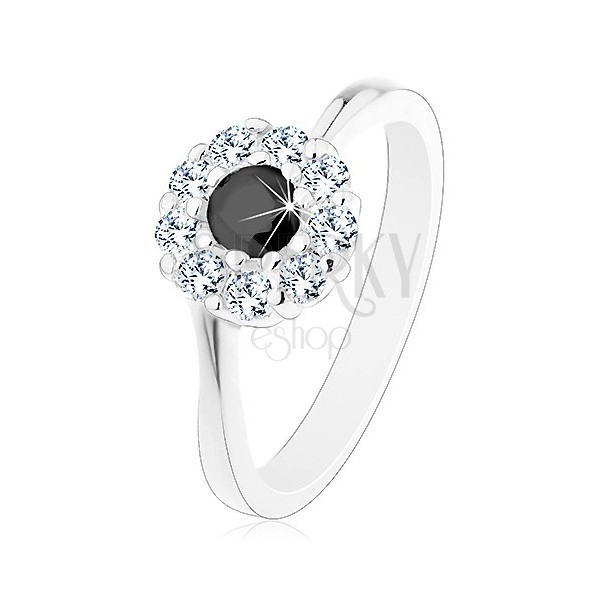Lesklý prsten ve stříbrném odstínu, zirkonový kvítek s černým středem