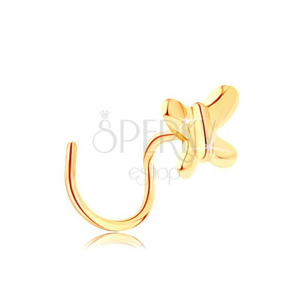 Zahnutý piercing do nosu ze žlutého zlata 585 - malý lesklý motýlek