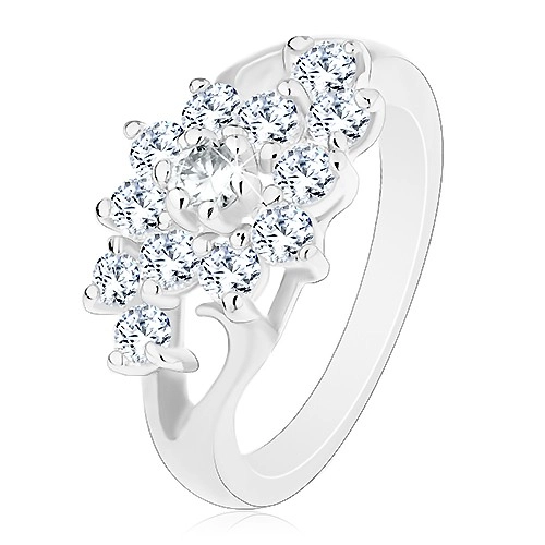 Prsten ve stříbrném odstínu, rozdělená ramena, květ z čirých zirkonů - Velikost: 60