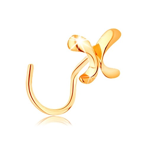 Levně Blýskavý zlatý piercing do nosu 585 - malý lesklý motýlek, zahnutý