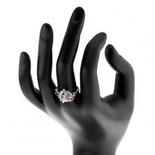 Prsten s lesklými rozdělenými rameny, hnědé zrnko, oblouky z čirých zirkonů