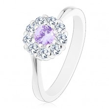 Prsten ve stříbrné barvě, zirkonový kvítek se světle fialovým středem