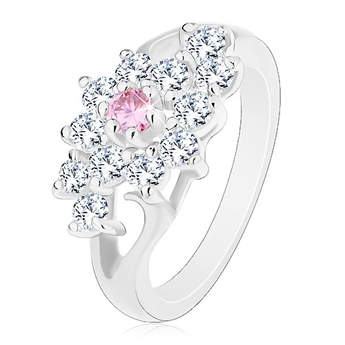 Prsten s lesklými rozdělenými rameny, čirý kvítek s růžovým středem - Velikost: 49