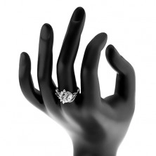 Prsten s lesklými rozdělenými rameny, broušené zrnko, oblouky z čirých zirkonů