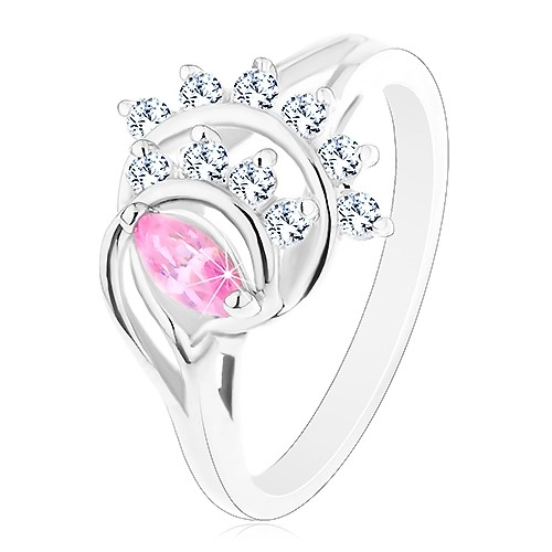 Prsten stříbrné barvy, růžové zrnko, oblouky z čirých zirkonů - Velikost: 57