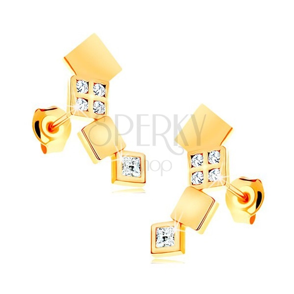 Náušnice ve žlutém 14K zlatě - blýskavé čtverečky tvořící oblouk, puzetky