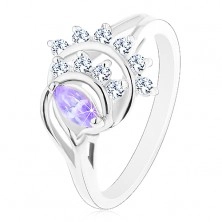 Prsten s rozdělenými rameny, světle fialové zrnko, oblouky z čirých zirkonů