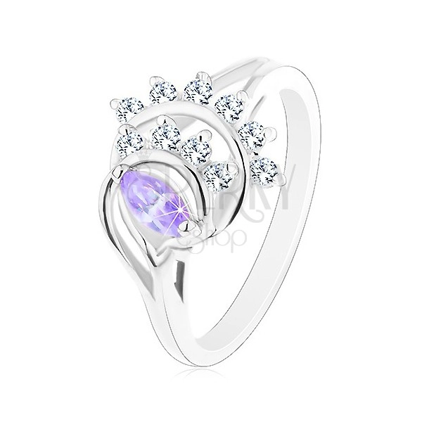 Prsten s rozdělenými rameny, světle fialové zrnko, oblouky z čirých zirkonů