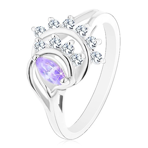 Prsten s rozdělenými rameny, světle fialové zrnko, oblouky z čirých zirkonů - Velikost: 51