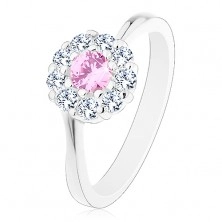 Prsten ve stříbrné barvě, růžovo-čirý zirkonový kvítek, lesklá ramena