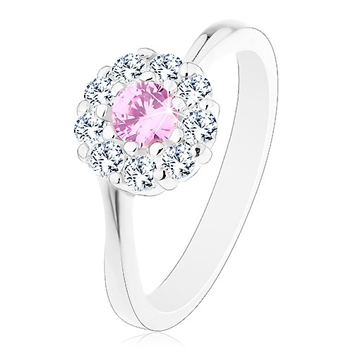 Prsten ve stříbrné barvě, růžovo-čirý zirkonový kvítek, lesklá ramena - Velikost: 56
