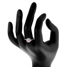 Prsten ve stříbrné barvě, růžovo-čirý zirkonový kvítek, lesklá ramena