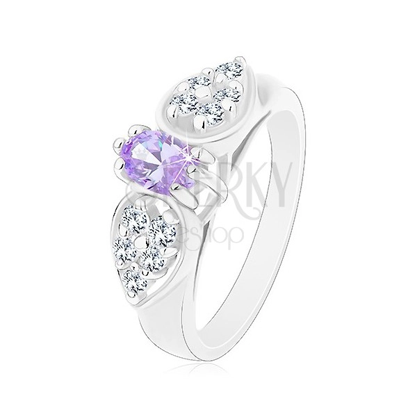 Prsten ve stříbrném odstínu, blýskavá mašlička se světle fialovým oválem