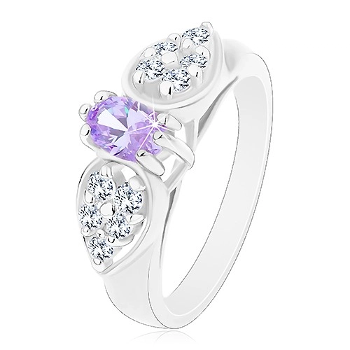 Prsten ve stříbrném odstínu, blýskavá mašlička se světle fialovým oválem - Velikost: 53