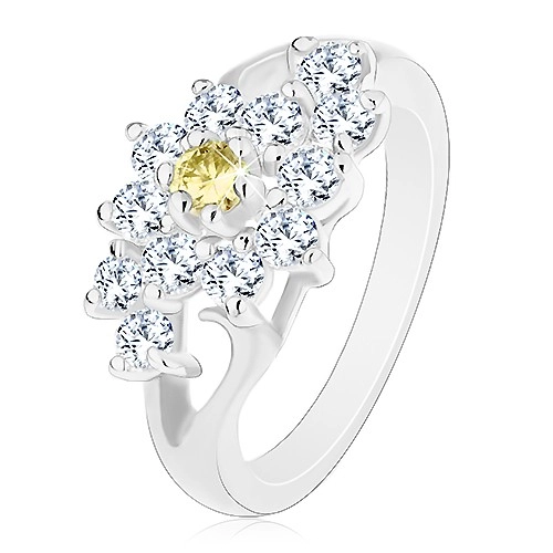 Prsten s lesklými rozdělenými rameny, čirý kvítek se žlutým středem - Velikost: 58