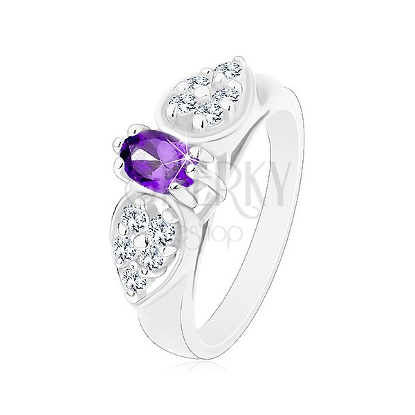 Prsten s rozšířenými rameny, čirá zirkonová mašlička s fialovým oválem