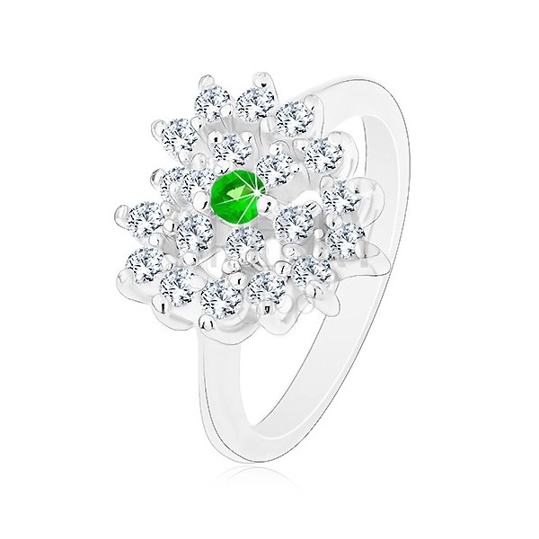Prsten ve stříbrné barvě, čiré zirkonové srdce s tmavě zeleným středem