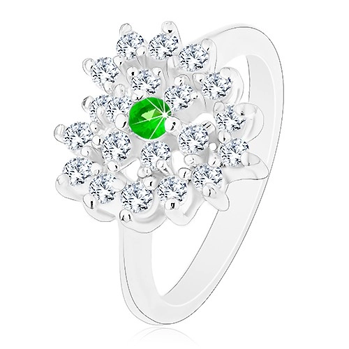 Prsten ve stříbrné barvě, čiré zirkonové srdce s tmavě zeleným středem - Velikost: 52